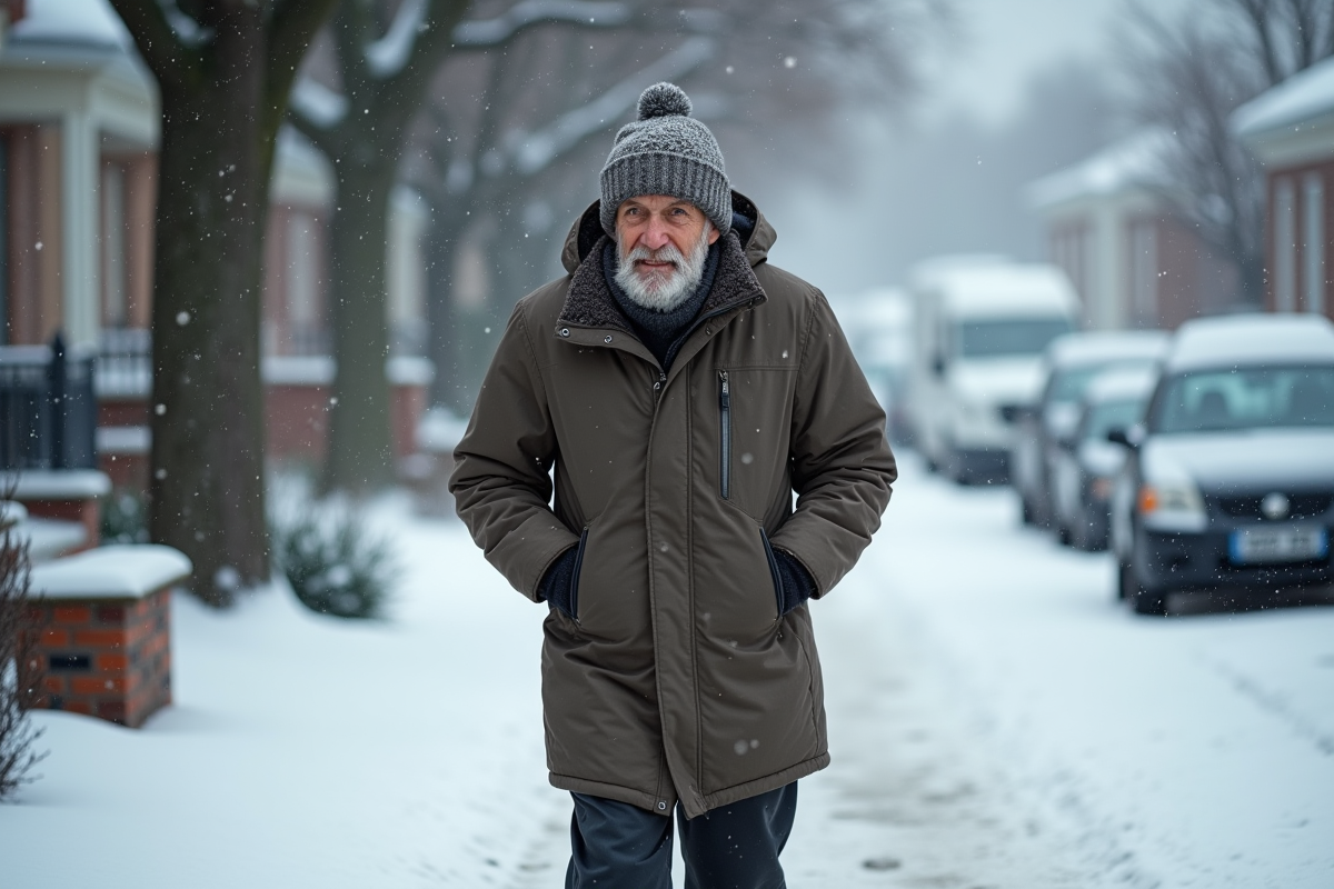 Homme âgé marchant dans la neige en hiver