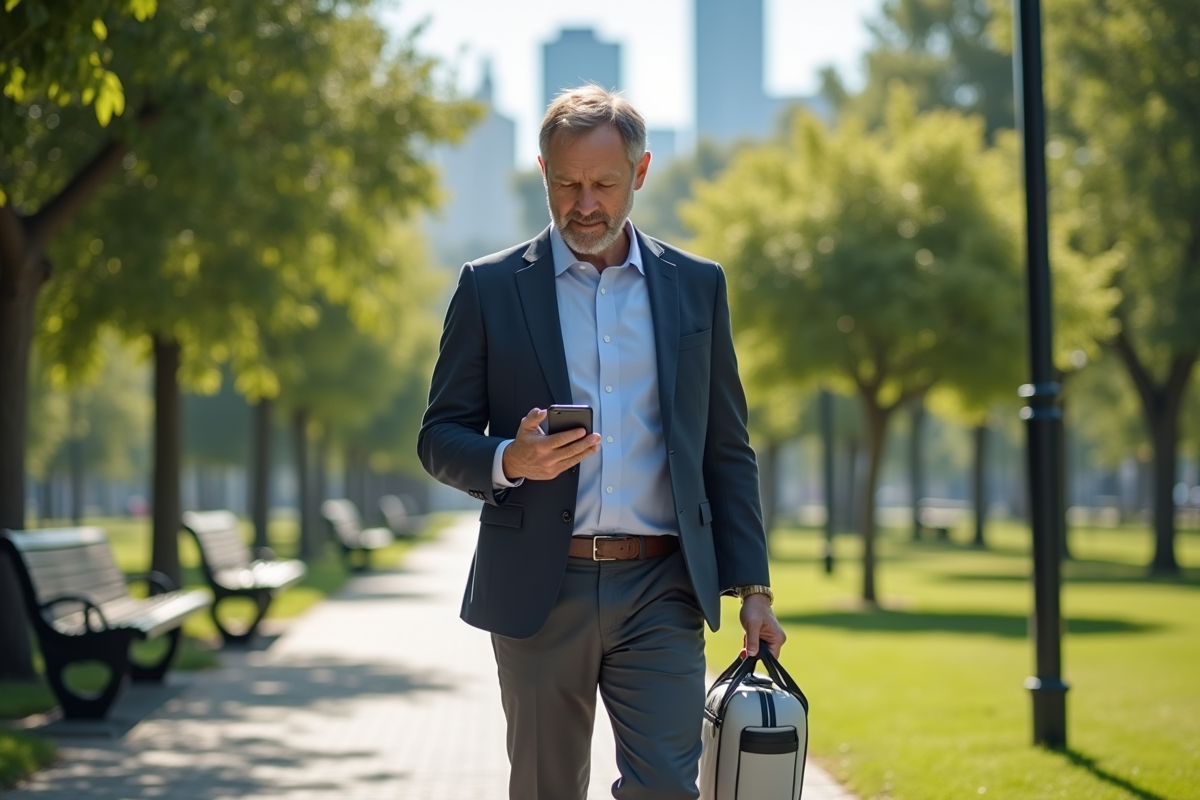 Homme marchant dans un parc avec son smartphone keto