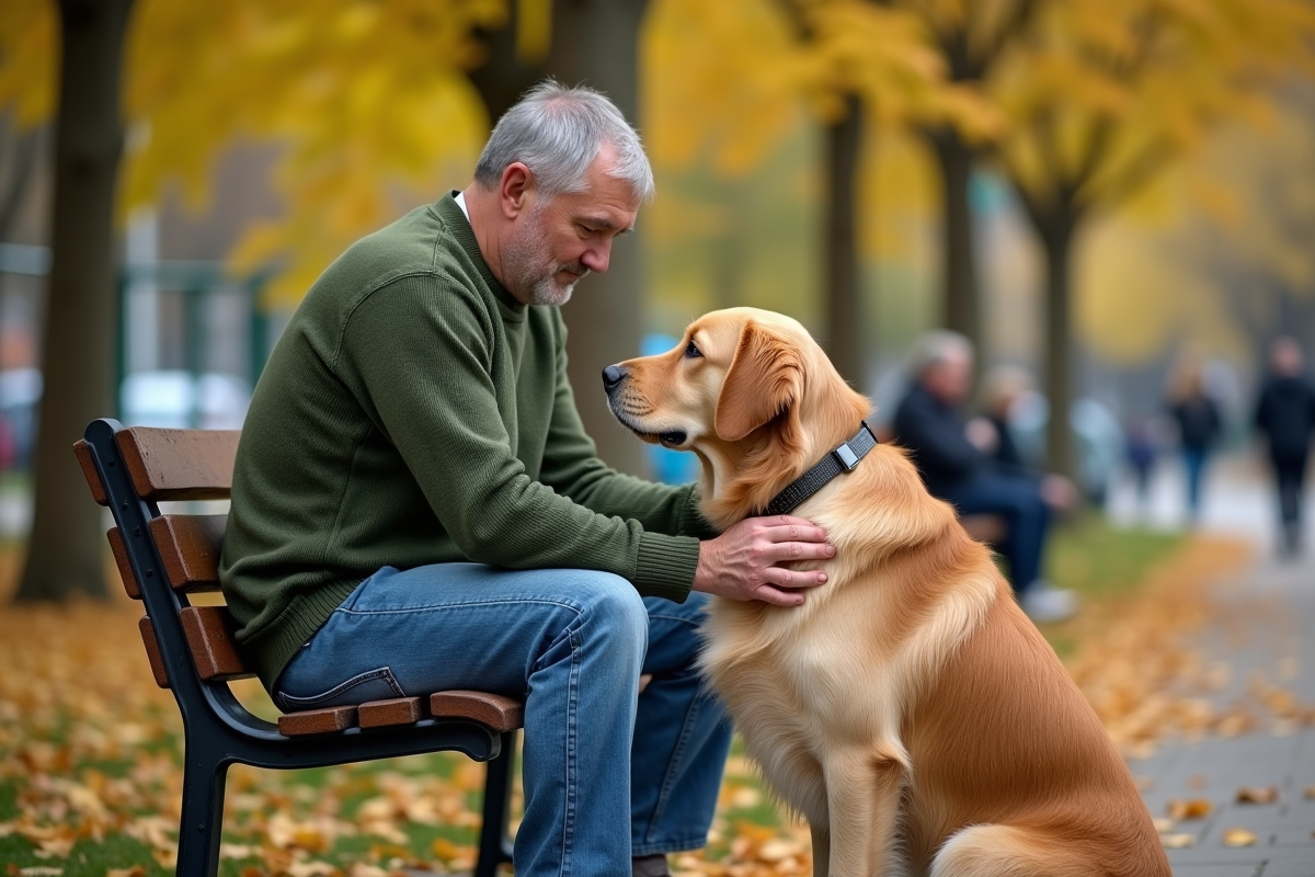Homme réconforte son chien dans un parc en automne