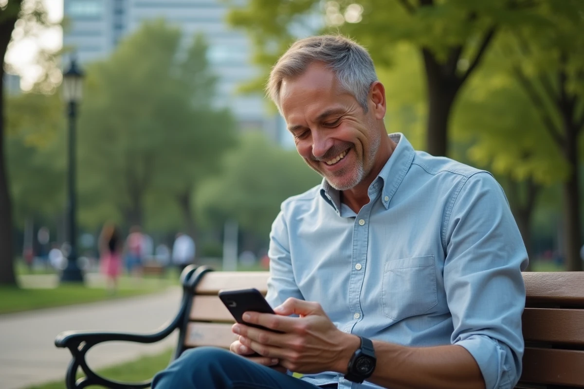 Homme assis dans un parc urbain utilisant son smartphone