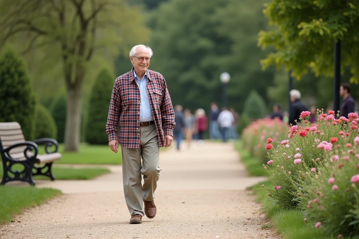 Homme âgé se promenant dans un parc avec des fleurs en fleurs