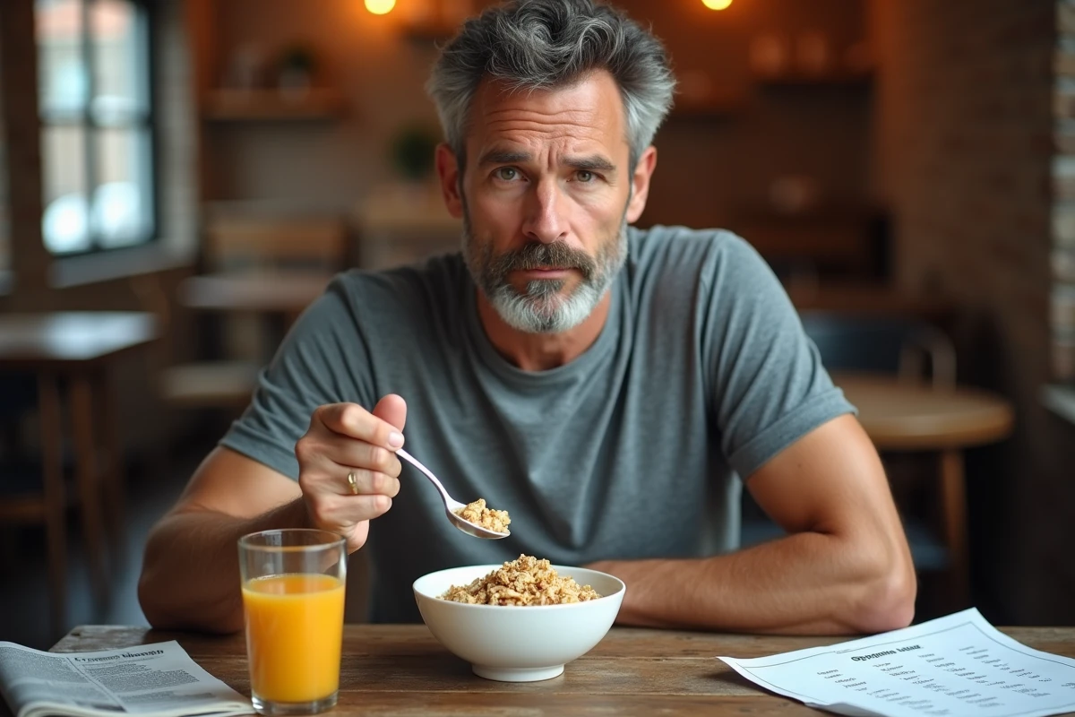 Homme prenant son petit-déjeuner avec un bol de granola et un tableau d'index glycémique des aliments