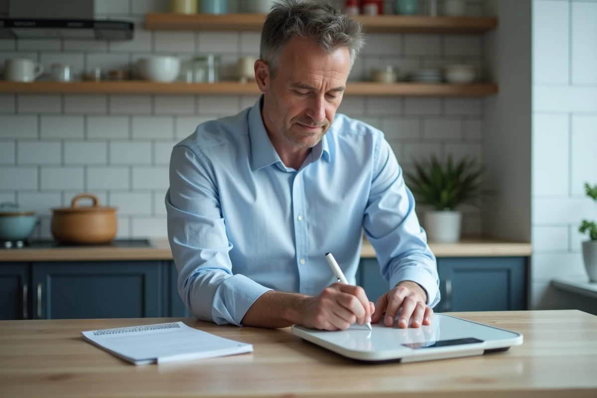 Homme en chemise préparant un moniteur de composition corporelle dans la cuisine
