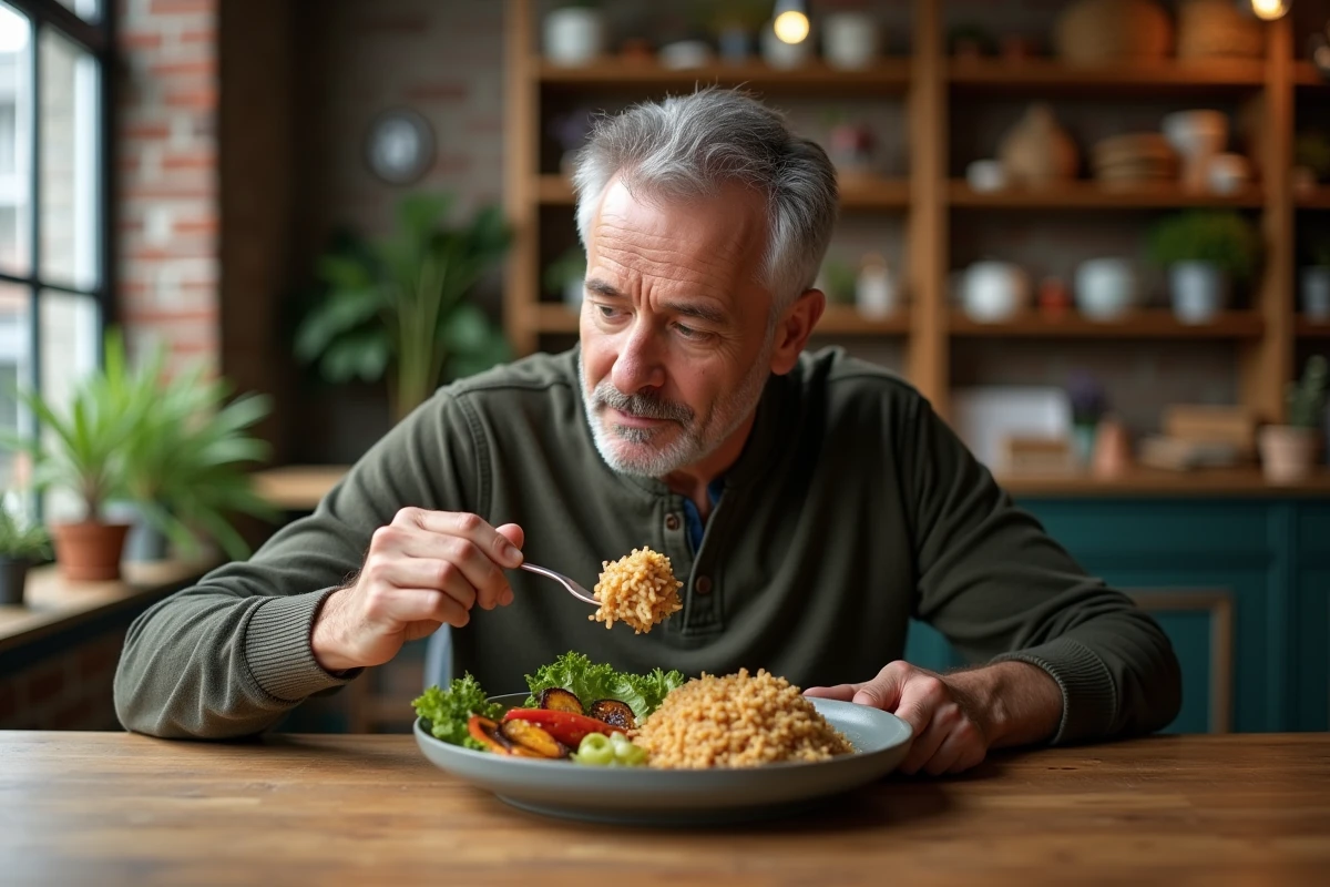 Homme mangeant un repas sain à base de riz complet avec légumes grillés, alimentation équilibrée au quotidien