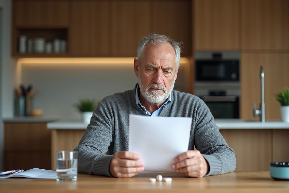 Homme consultant ses résultats médicaux sur le taux SGPT à domicile avec un verre d'eau et des médicaments