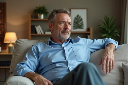 Homme d'&acirc;ge moyen assis sur un canap&eacute; dans un salon cosy