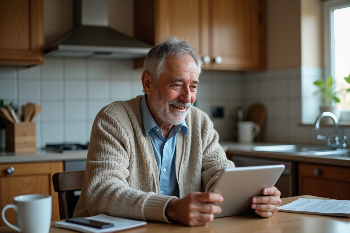 Homme âgé en téléconsultation dans sa cuisine chaleureuse