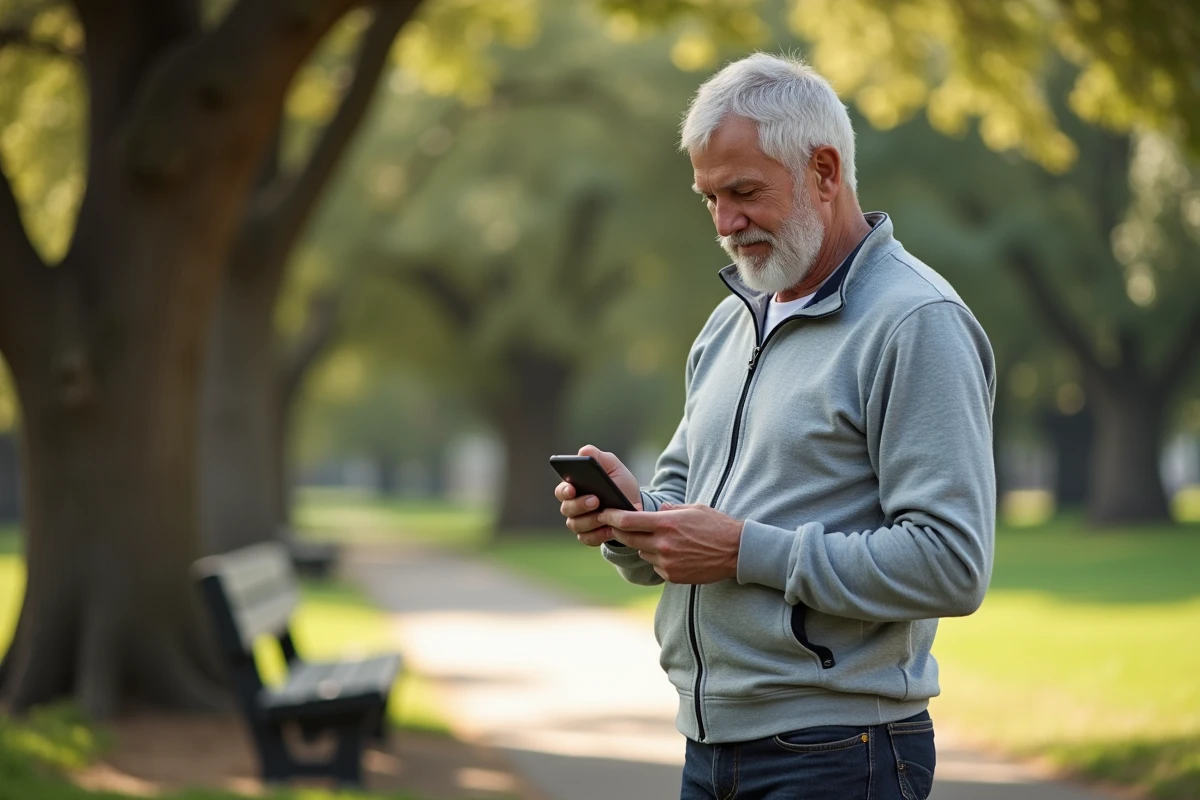 Homme senior en bonne forme consultant son espérance de vie sur smartphone dans un parc verdoyant