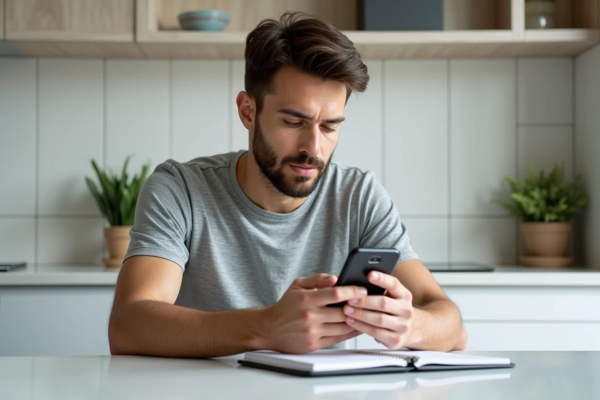 Jeune homme vérifiant une application dans cuisine moderne