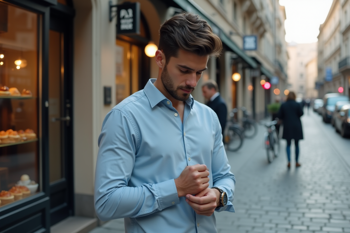 Jeune homme regardant sa montre dans une rue urbaine