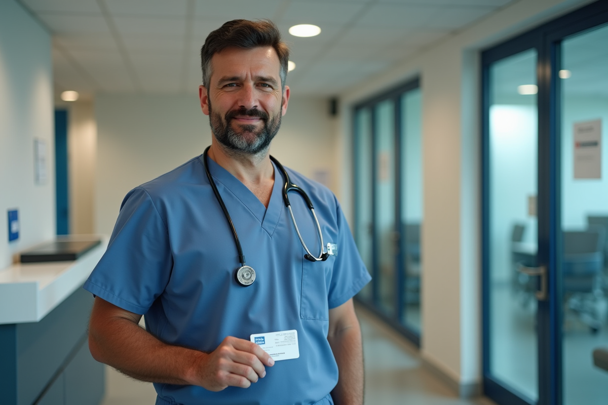 Infirmier homme debout dans la reception avec sa carte de santé