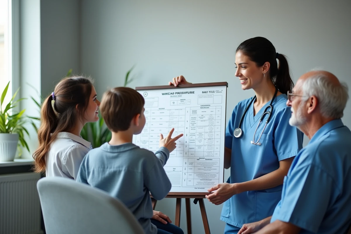 Infirmi&egrave;re expliquant un graphique de pression &agrave; une famille