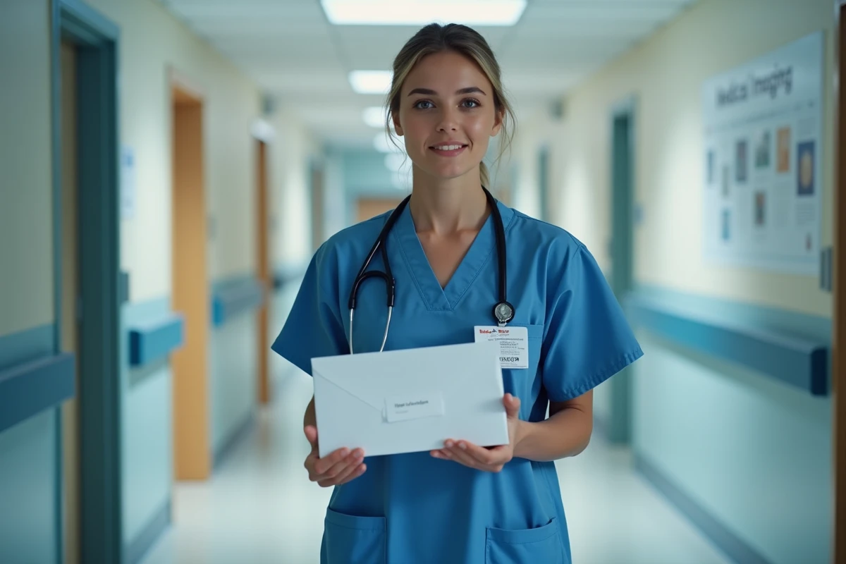 Infirmi&egrave;re en blouse bleue marchant dans un couloir hospitalier