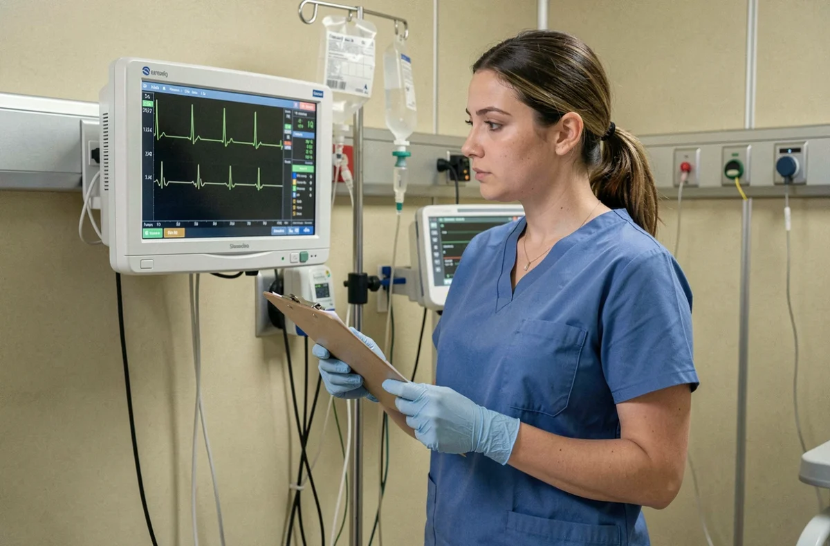 Infirmière surveillant un moniteur cardiaque affichant des anomalies ECG liées à l'hypokaliémie en réanimation