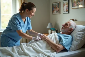 Infirmière en scrubs vérifiant un pansement sur un patient âgé