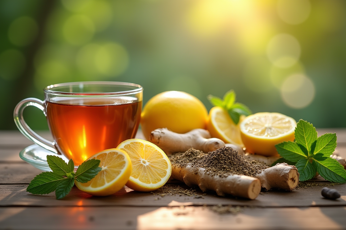 Infusions de gingembre citron et menthe sur une table en bois