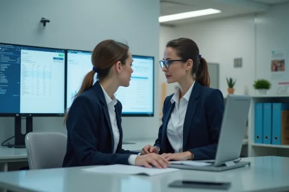 Professionnelle de santé intégrant un logiciel métier médical sur poste de travail informatique en environnement hospitalier administratif