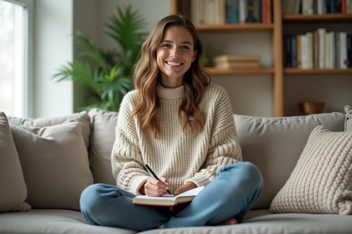 Jeune femme souriante en train de journaliser dans un salon lumineux