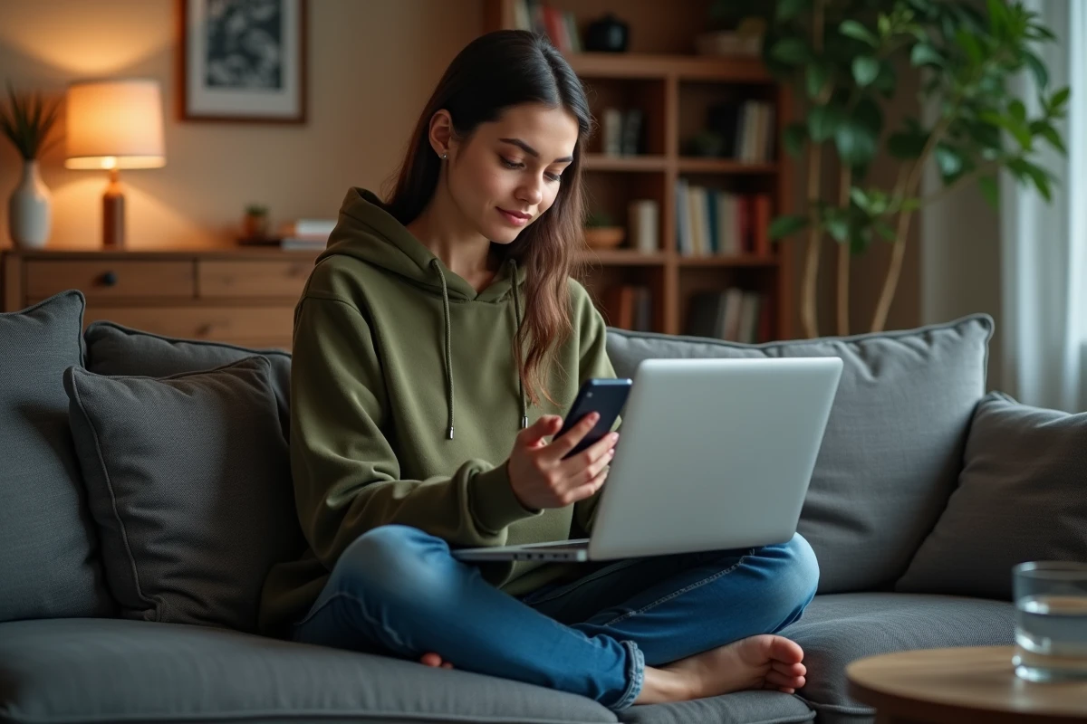 Jeune femme consultant son téléphone et son ordinateur pour récupérer l'accès à son compte en ligne