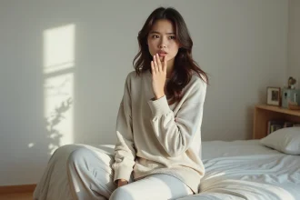 Jeune femme assise sur le lit dans une chambre paisible