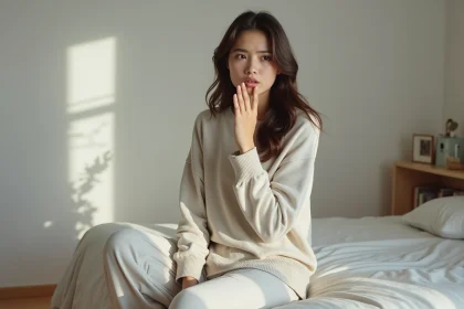 Jeune femme assise sur le lit dans une chambre paisible