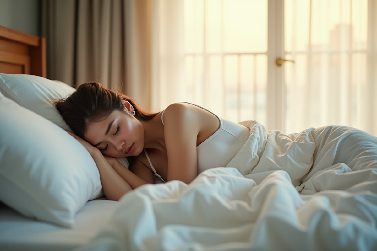 Jeune femme dormant paisiblement dans une chambre lumineuse