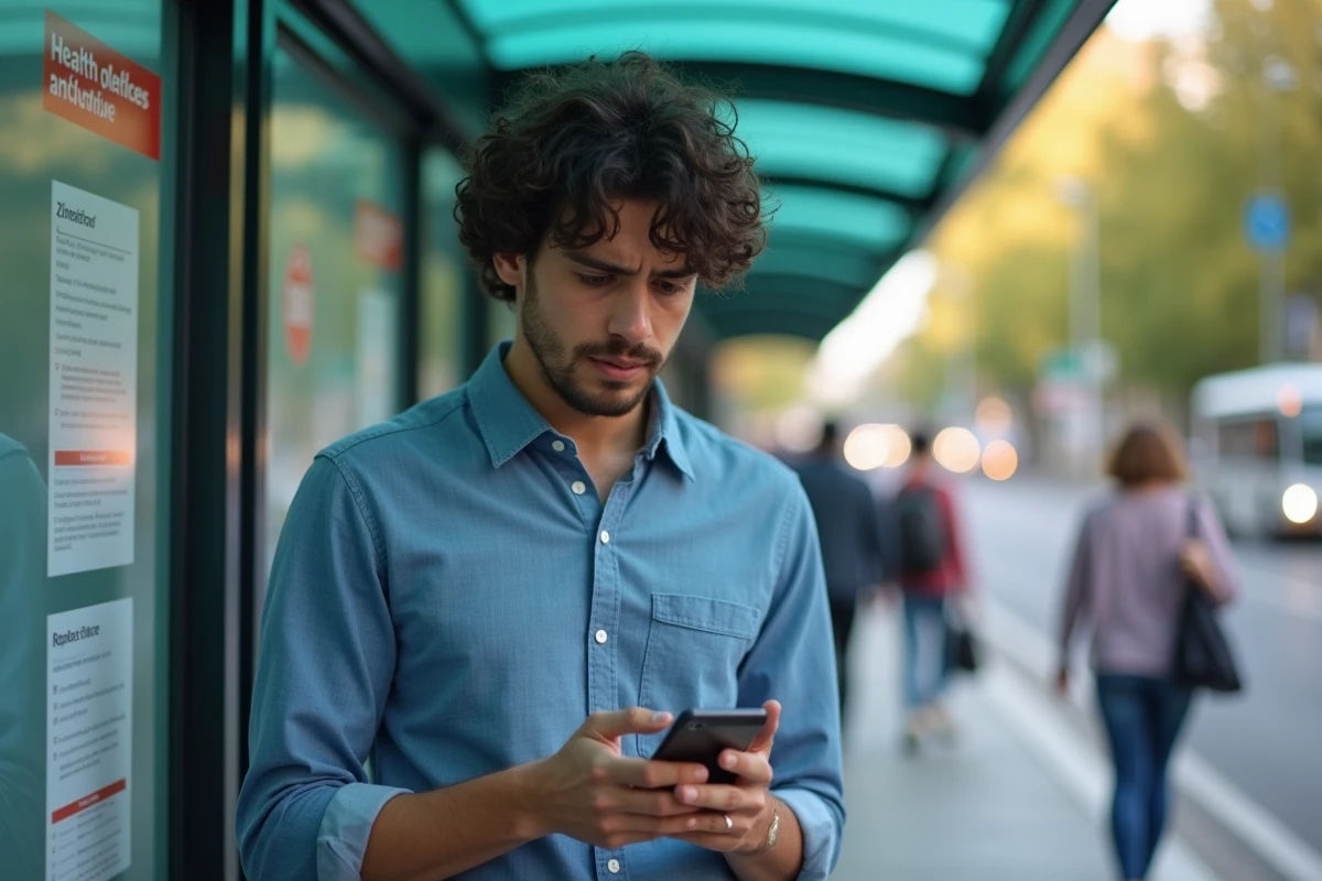 Jeune homme regardant son smartphone &agrave; un arr&ecirc;t de bus