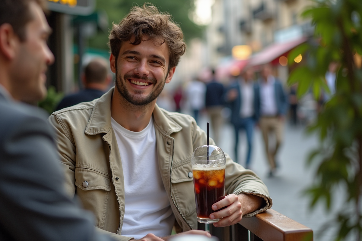 Jeune homme souriant avec un cola glacé en terrasse de café