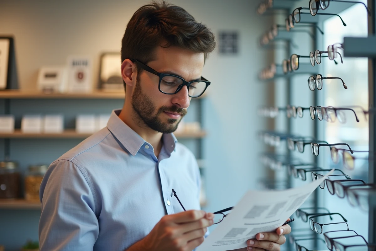 Jeune homme vérifiant sa prescription dans une boutique optique