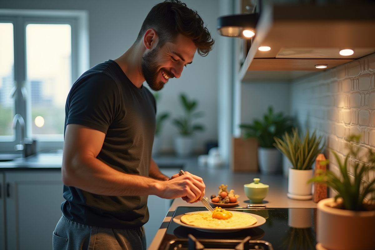 Jeune homme souriant préparant une omelette dans une cuisine lumineuse