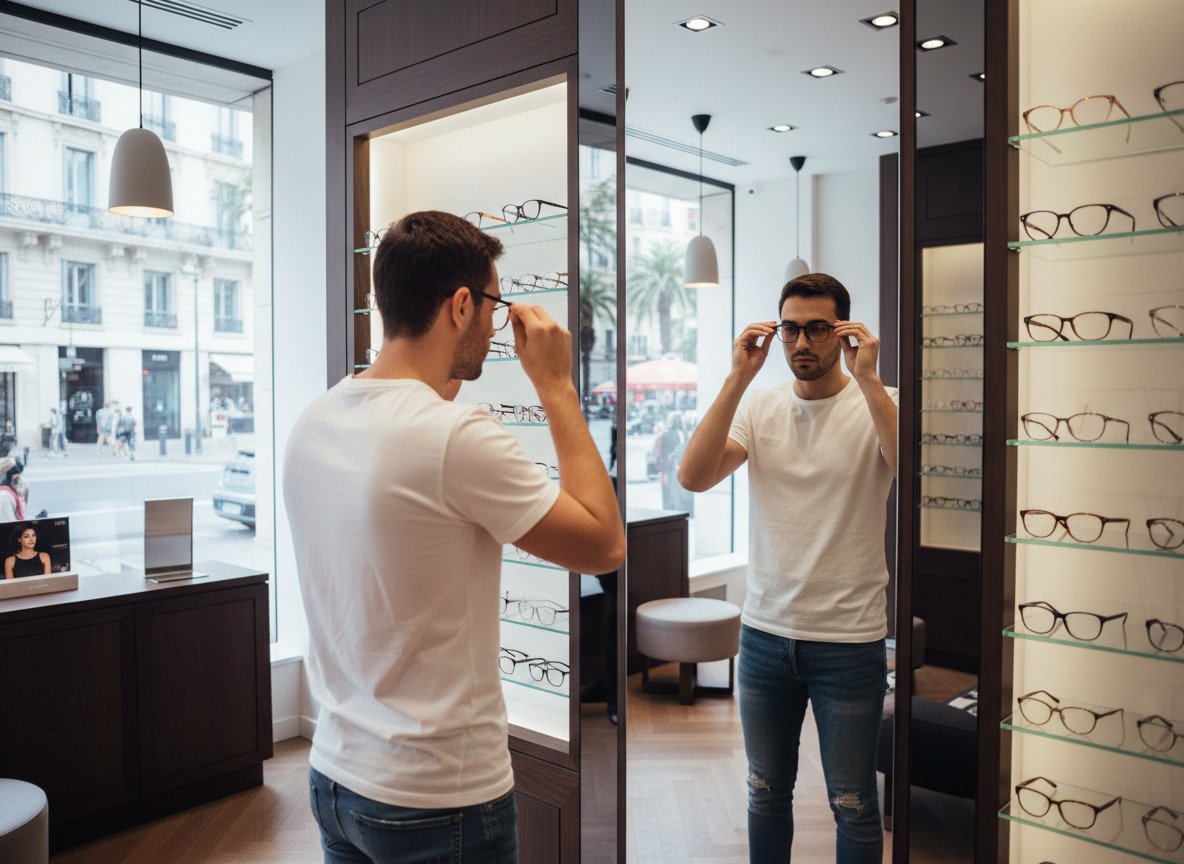 Jeune homme essayant des lunettes dans une boutique à Cannes