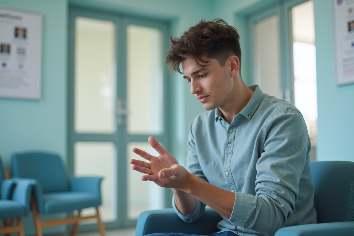 Jeune homme examinant sa peau dans une salle d
