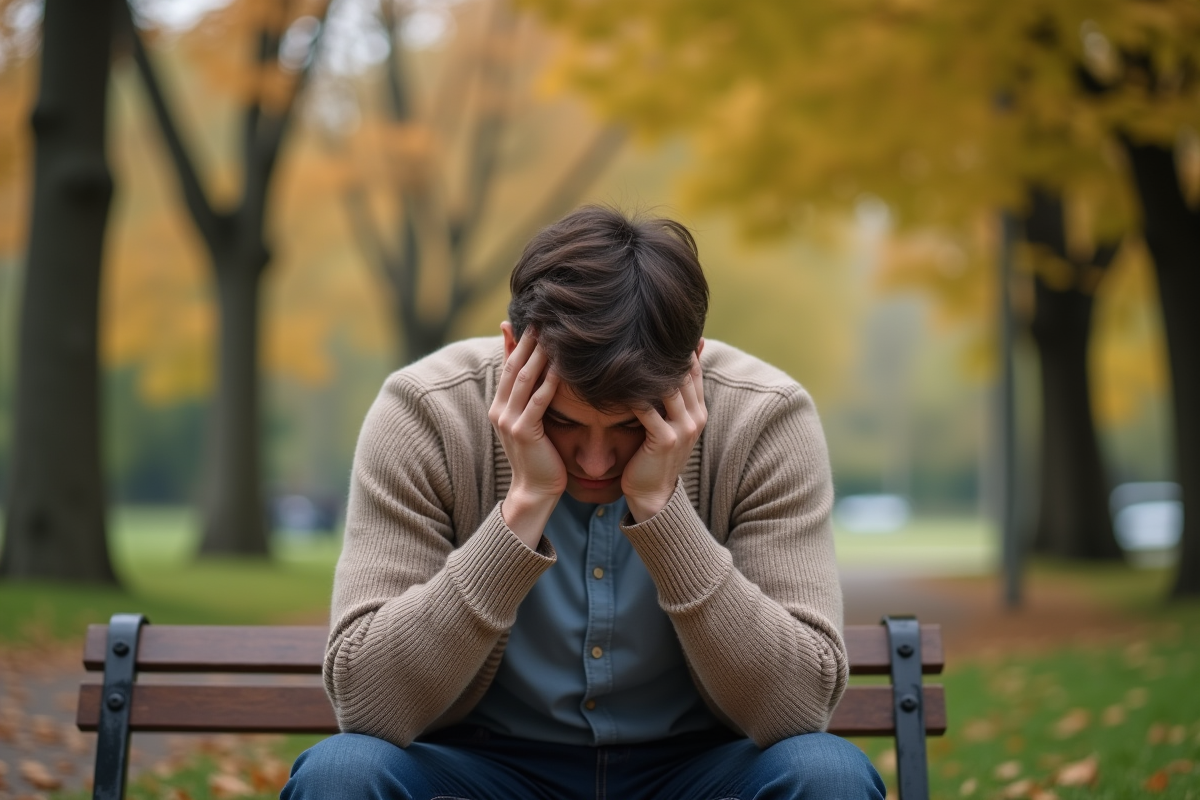 Jeune homme seul sur un banc de parc en automne