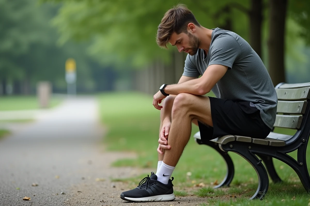 Jeune homme sportif assis sur un banc de parc avec douleur
