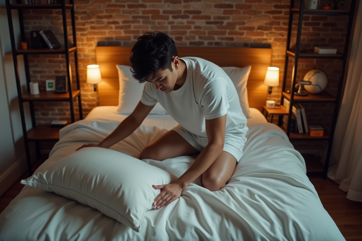 Jeune homme arrangeant son oreiller dans une chambre urbaine