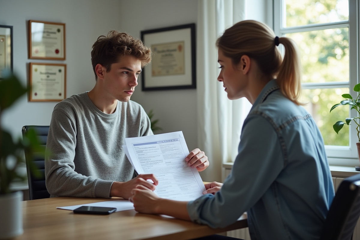 Jeune homme et psychologue analysant un rapport dans un bureau