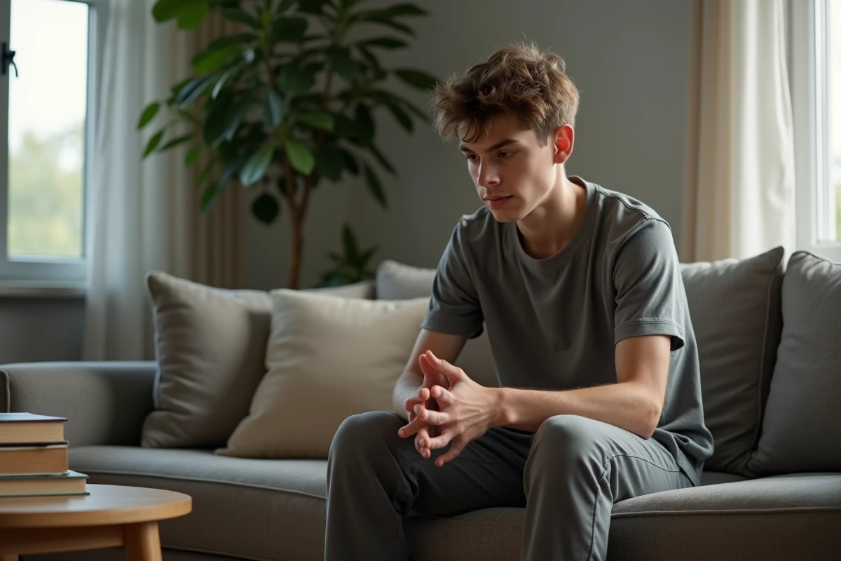 Jeune homme assis sur un canap&eacute; dans un salon tranquille