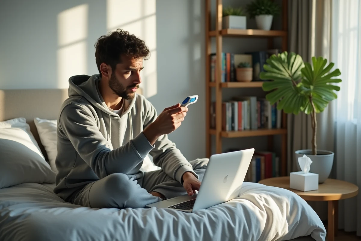 Jeune homme avec thermometre dans une chambre lumineuse