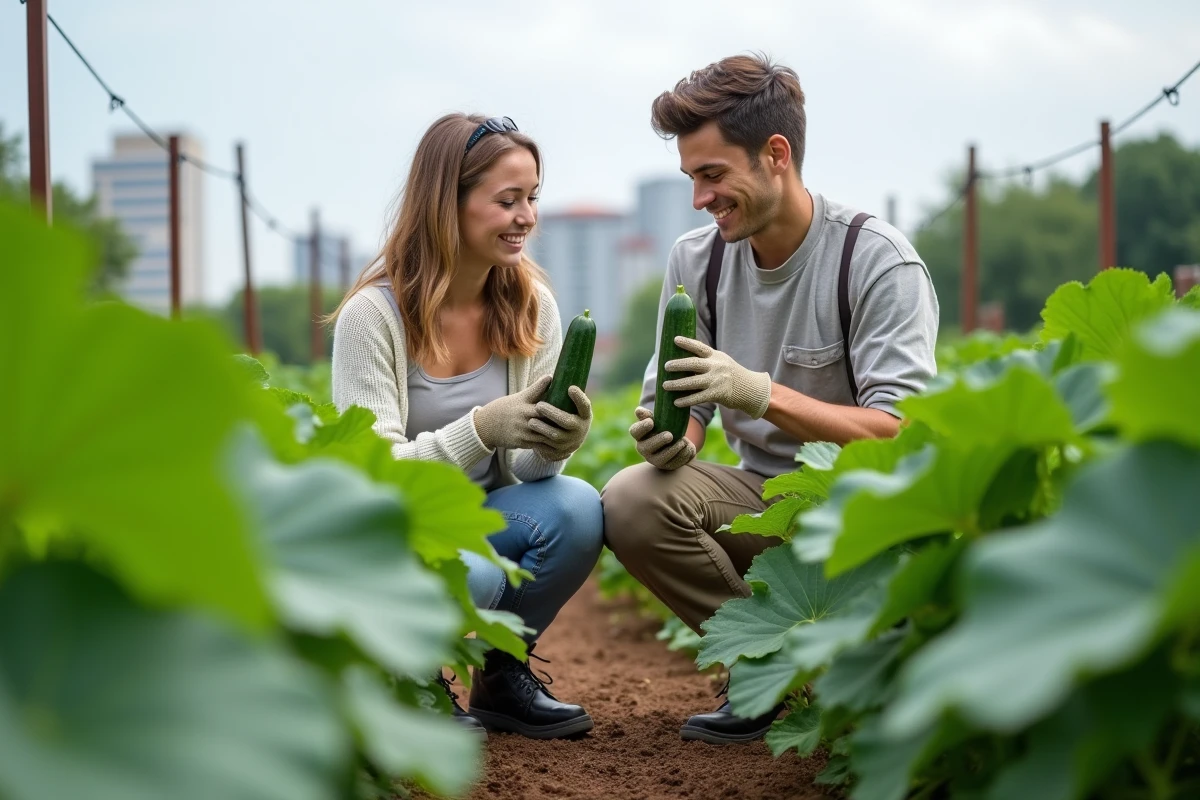 Jeunes adultes examinant des plants de concombre dans un jardin