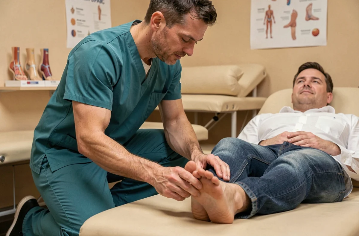 Kinésithérapeute examinant le talon d'un patient pour évaluer une douleur de talalgie en cabinet
