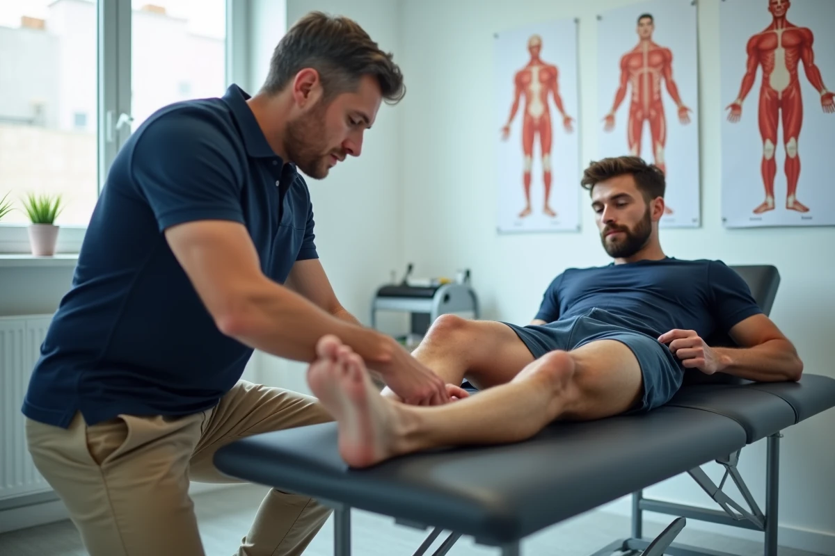 Kinésithérapeute massant le mollet d'un coureur blessé pour traiter une contracture musculaire en cabinet de rééducation