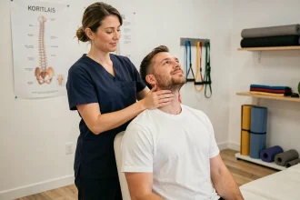 Kinésithérapeute guidant la rectitude cervicale d'un patient assis en cabinet de rééducation
