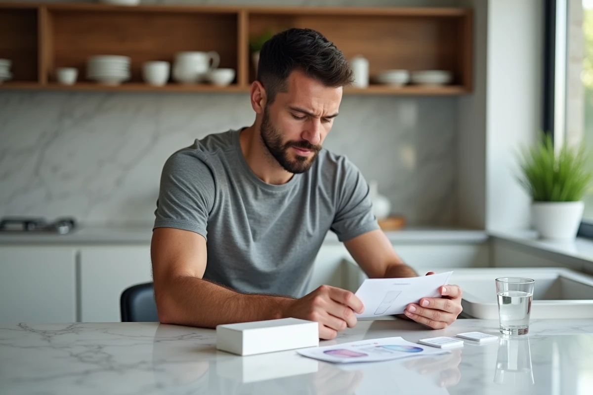 Homme lisant les instructions d'un kit de blanchiment dentaire posé sur un comptoir de cuisine moderne
