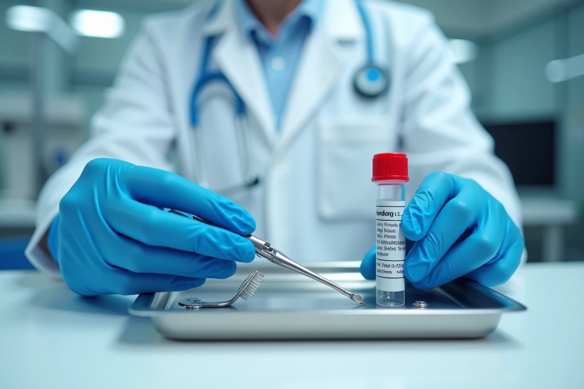 Kit de prélèvement pour frottis cervico-utérin posé sur un plateau médical stérile en milieu clinique