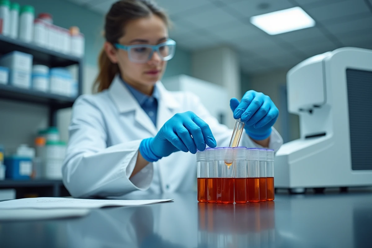 Technicienne de laboratoire analysant des échantillons de sang pour mesurer les enzymes hépatiques gamma GT