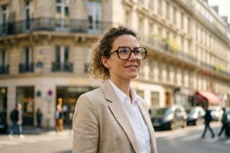 Femme élégante portant des lunettes en acétate écaille de tortue comme accessoire de mode dans une rue parisienne
