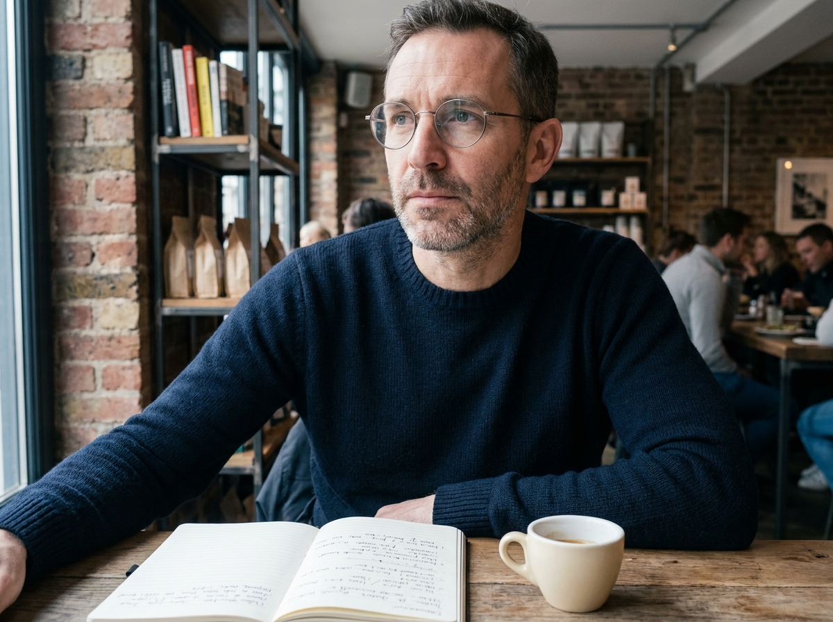 Homme stylé avec des lunettes à monture métallique ronde attablé dans un café contemporain