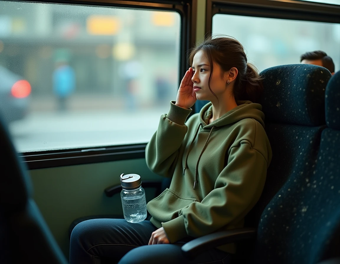 Jeune femme avec sensation de vertige et t&ecirc;te lourde assise dans un bus, tenant une bouteille d'eau et la main sur le front