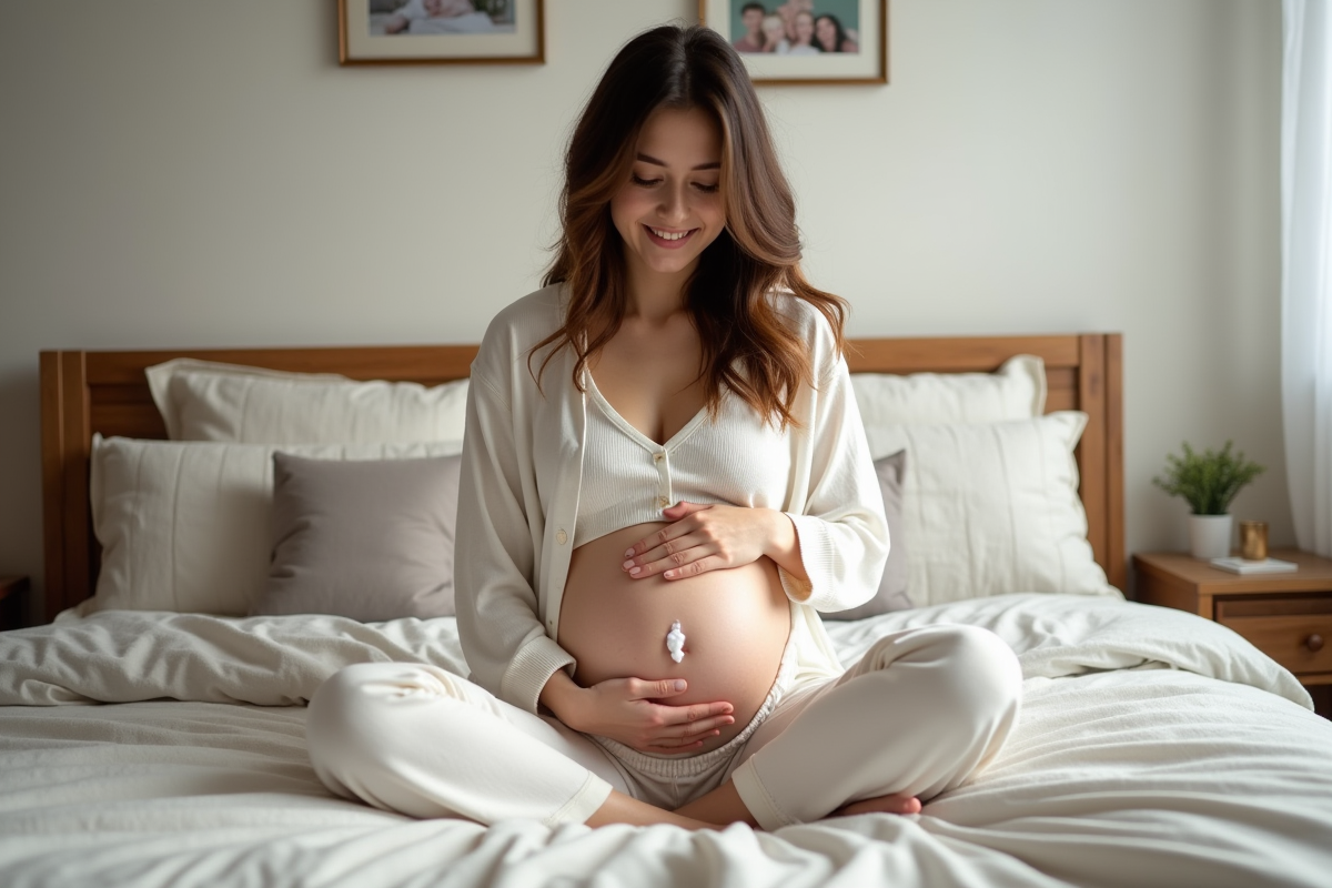Maman détendue massant son ventre sur le lit