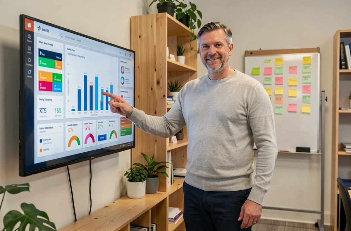 Manager présentant un tableau de bord de données BI sur un écran mural dans un espace de travail startup